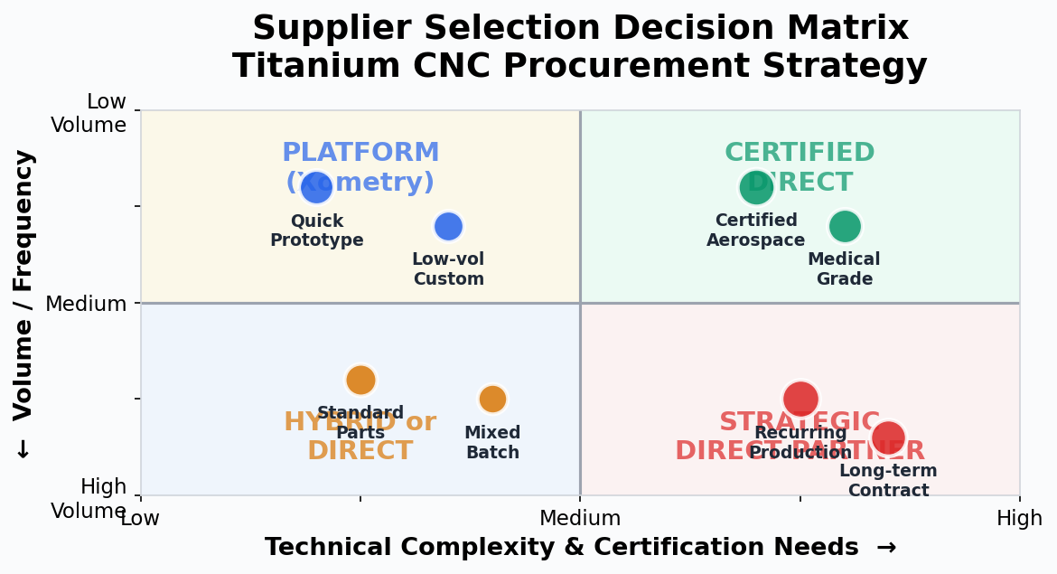 Four-quadrant scatter plot. X-axis: technical complexity. Y-axis: volume/frequency. Quadrants: Platform (low complexity, low volume), Certified Direct (high complexity, low volume), Hybrid/Direct (low complexity, high volume), Strategic Direct Partner (high complexity, high volume).